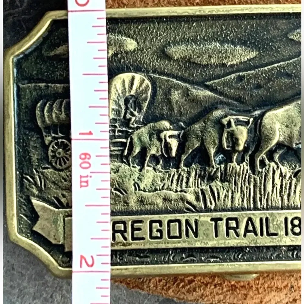 Vintage 1978 Oregon Trail Solid Brass Belt Buckle Ben Franklin DW-3657 + Pouch